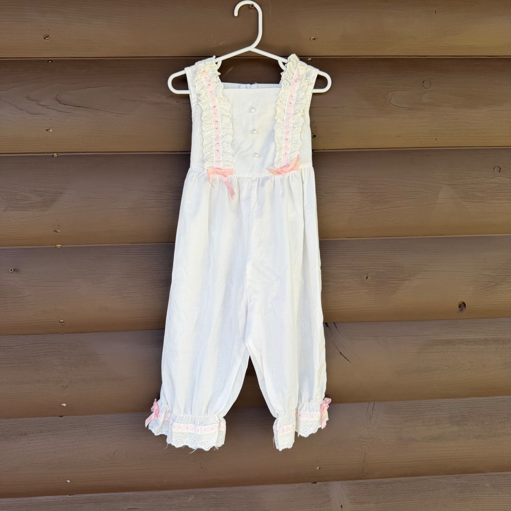 Vtg The Ribbons & Lace Collection Romper Kids 3T White Pink Lace Bows Bloomers